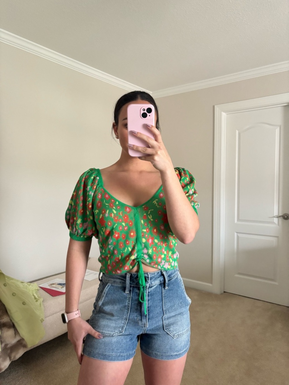 525 America Green Floral Tie-Front Puff Sleeve Crop Top